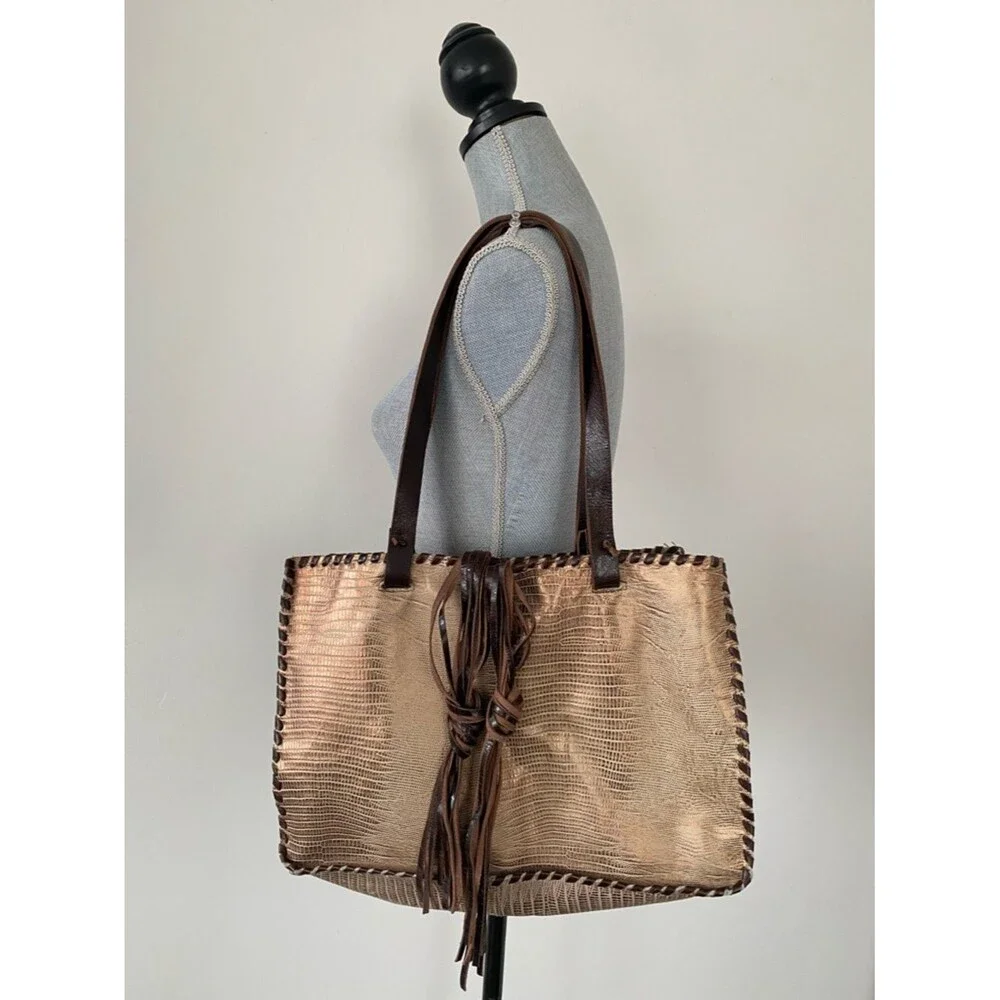 Carla Mancini Metallic Tan & Dark Brown Croc Textured Tote Bag Leather Tassels